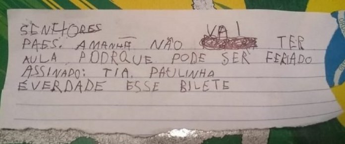 39820875_1951216168250453_3330351129178406912_n-e1535629612632 ‘Bilete’ feito por menino para faltar à escola viraliza, mãe é criticada e a discussão levanta uma importante reflexão