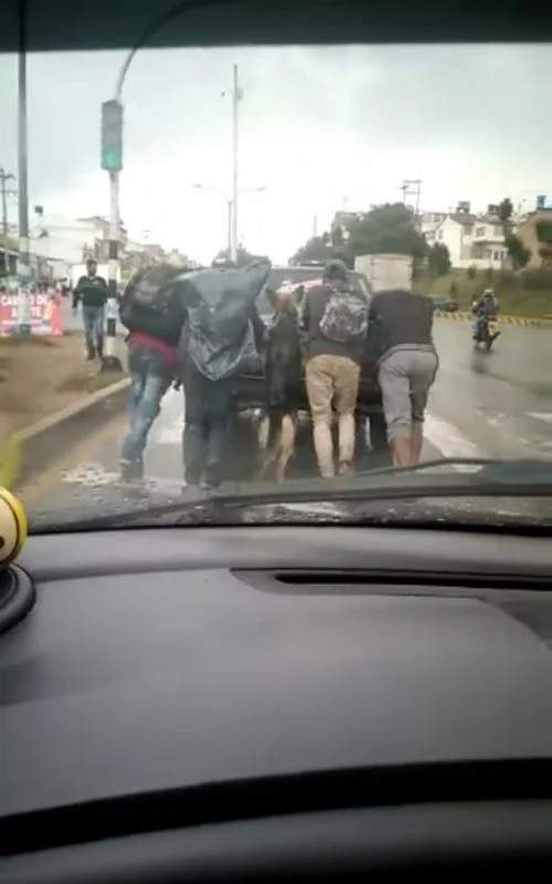 agrandeartedeserfeliz.com - Cachorrinho solidário é flagrado ajudando seus tutores a empurrar carro estragado na rua