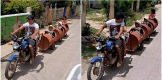 Papai mexicano cria “trenzinho” com tambores para divertir os filhos