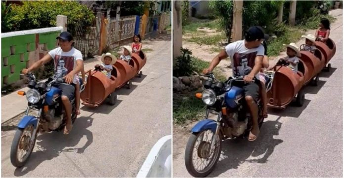 Papai mexicano cria “trenzinho” com tambores para divertir os filhos