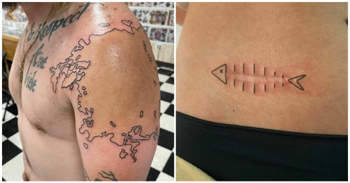 Os tatuadores criam belos designs para cobrir cicatrizes e marcas de nascença