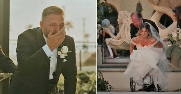 Noiva cadeirante surpreende noivo ao caminhar até o altar sozinha [VIDEO]