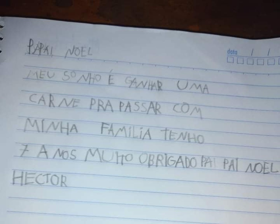 agrandeartedeserfeliz.com - 'Meu sonho é ganhar uma carne para passar com a minha família', escreve menino em carta ao Papai Noel