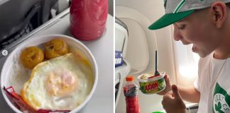 Jovem leva marmita de arroz com ovo em pote de detergente para comer no meio de voo