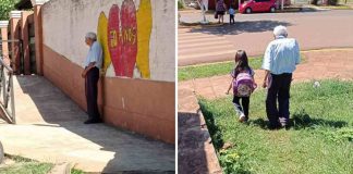 Idoso de 88 anos acompanha a bisneta até a escola todos os dias e aguarda até ela sair