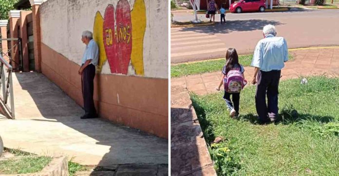 Idoso de 88 anos acompanha a bisneta até a escola todos os dias e aguarda até ela sair