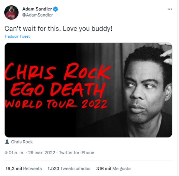 agrandeartedeserfeliz.com - “Eu te amo, amigo”: Adam Sandler apoia Chris Rock após tapa chocante no Oscar 2022