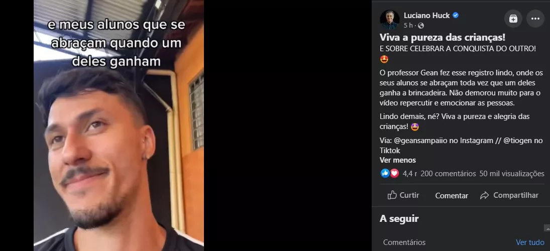 agrandeartedeserfeliz.com - Em vídeo, professor se emociona com sensibilidade dos alunos: 'Eles se abraçam quando um ganha'