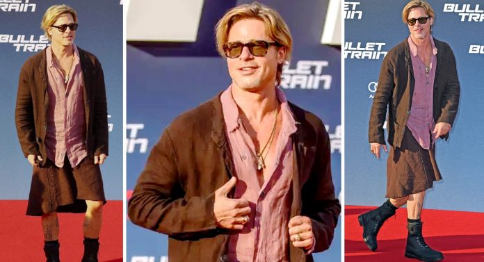 Brad Pitt surpreendeu ao chegar à estreia de saia e camisa rosa