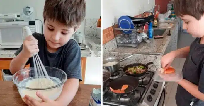 Mãe ensina o filho de 10 anos a cozinhar para que ele nunca exija da esposa: “Ele tem que aprender”
